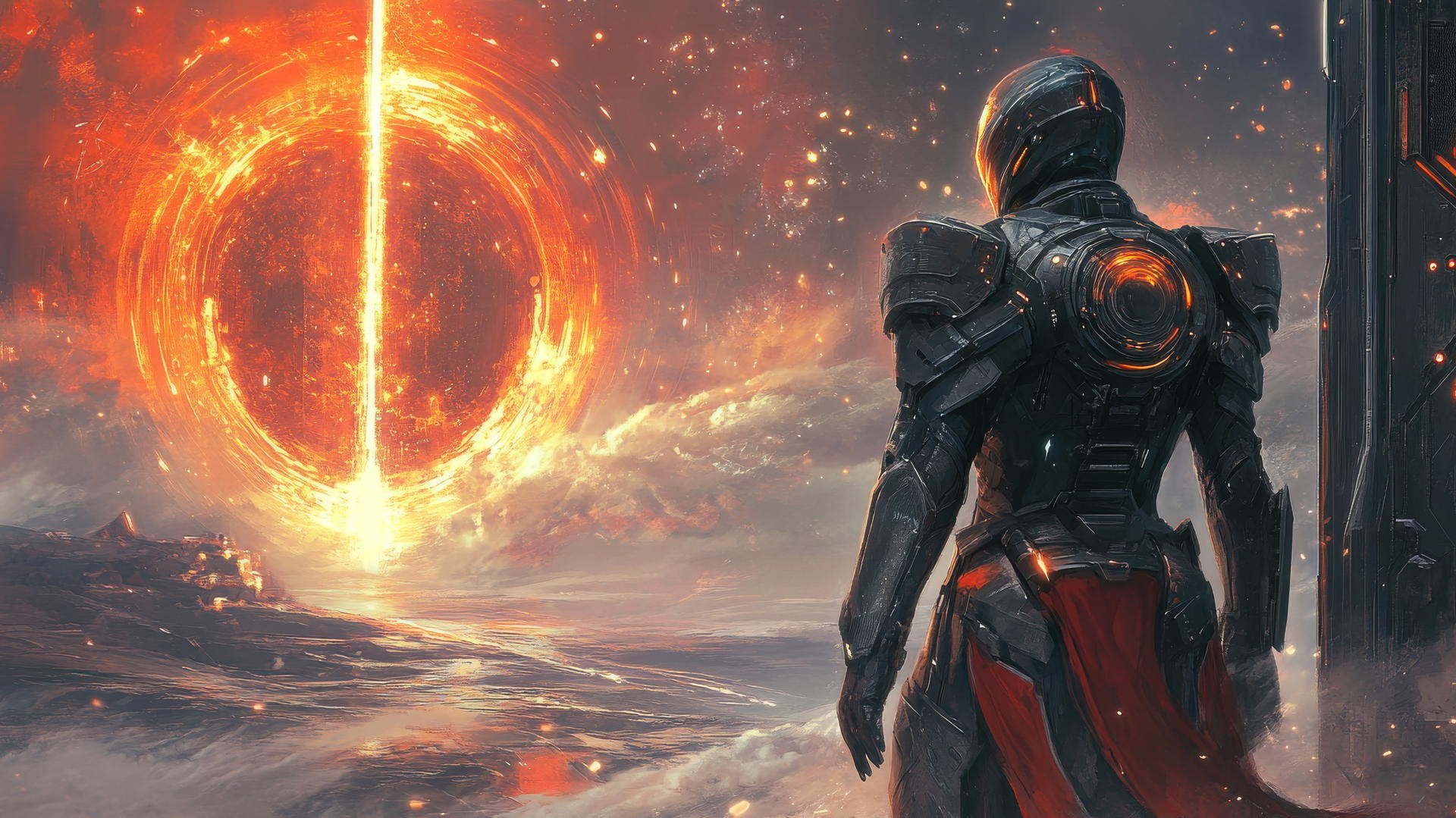 Heroic knight in futuristic armor in front of glowing portal with sci-fi landscape, cool wallpapers for boys.