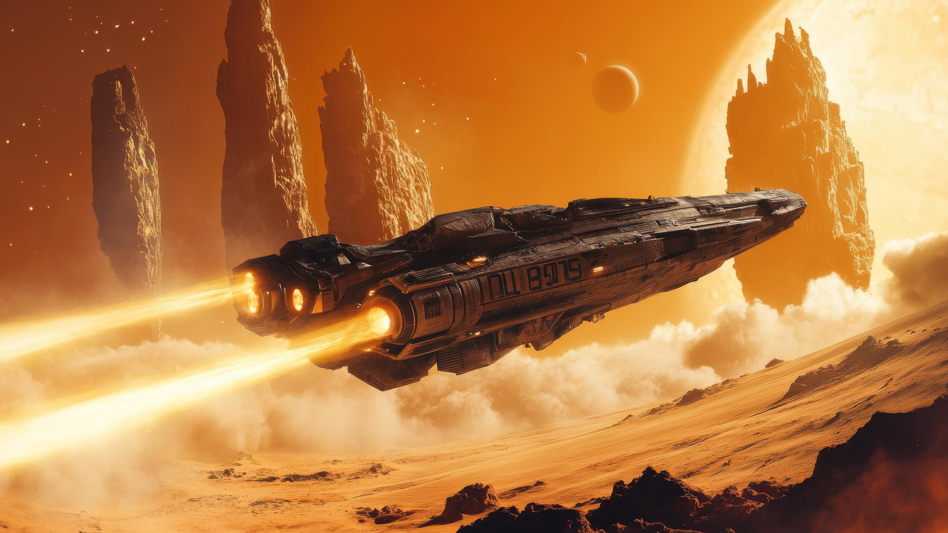 Futuristic spaceship over desert with glowing alien structures