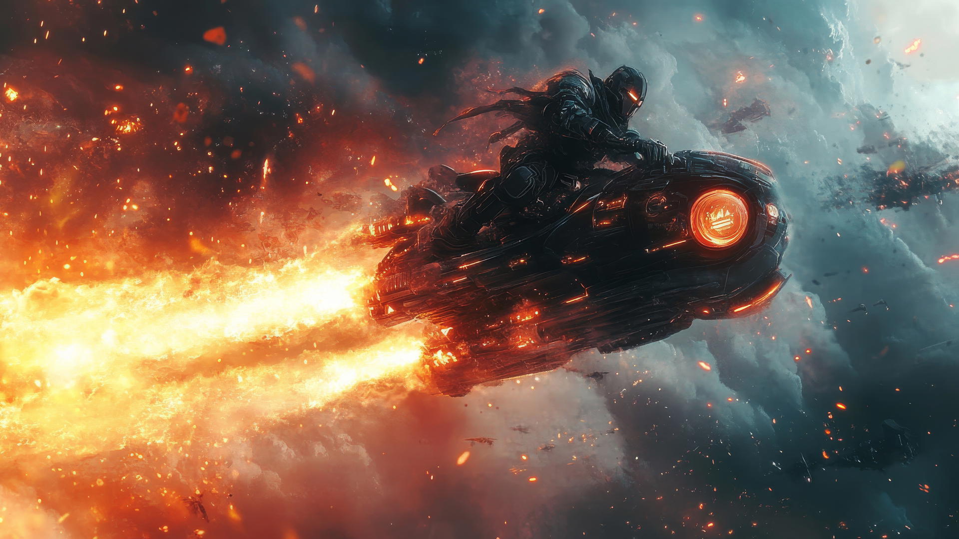 Futuristic knight on hover-steed with glowing weapons and energy shield charging into battle