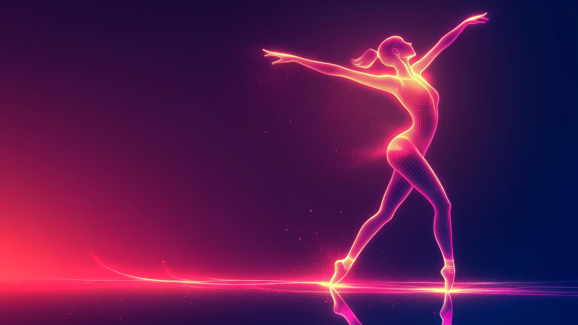 Minimalist glowing outline of a ballerina dancing with neon light trails on a dark background.