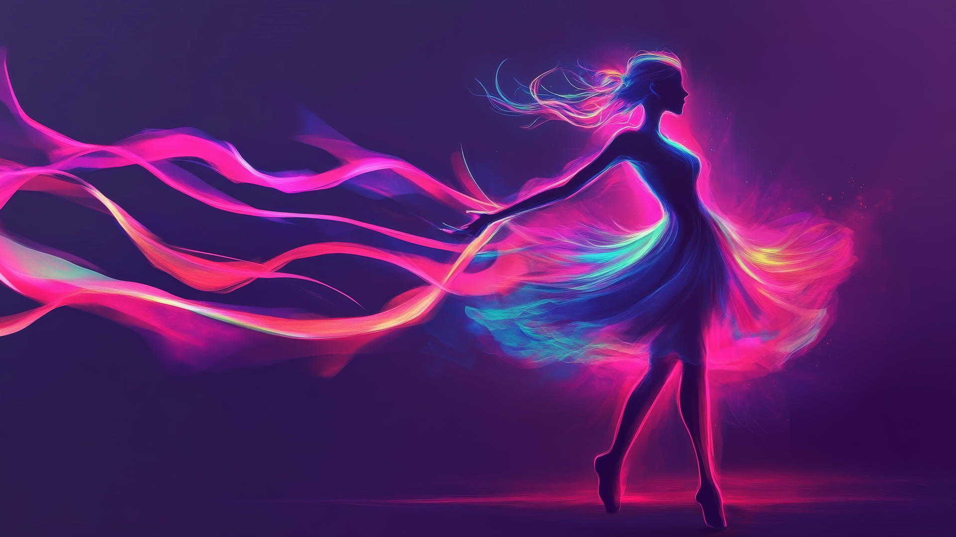 Glowing silhouette of a girl dancing with flowing ribbons against a gradient background