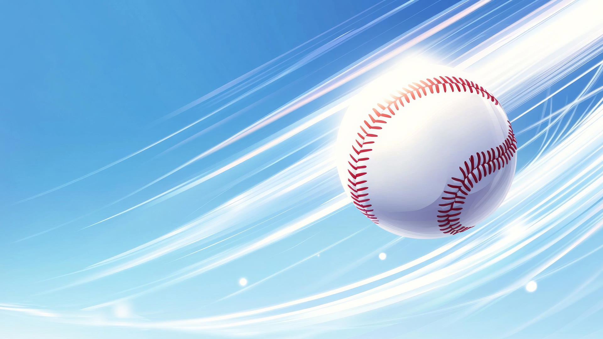 Glowing baseball with motion trails in blue sky with scattered clouds
