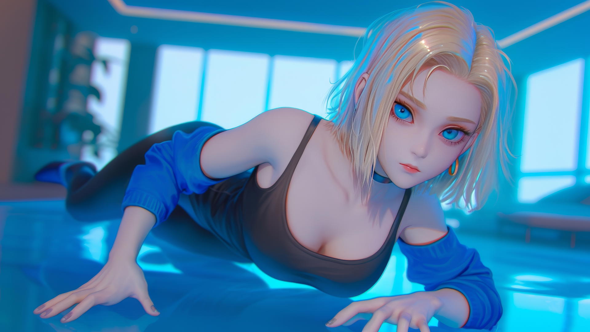 Android 18 from Dragon Ball in modern hotel