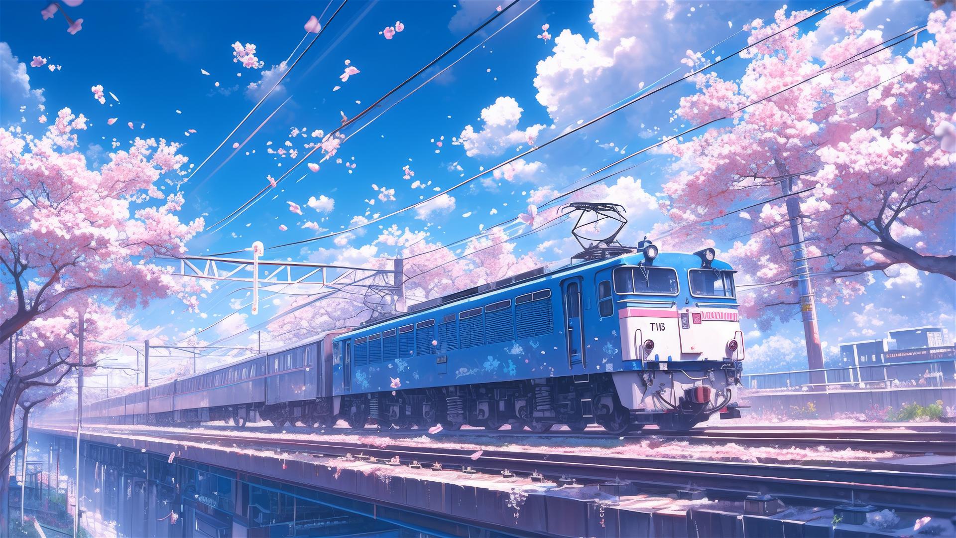 Train in spring with peach blossoms and soft light
