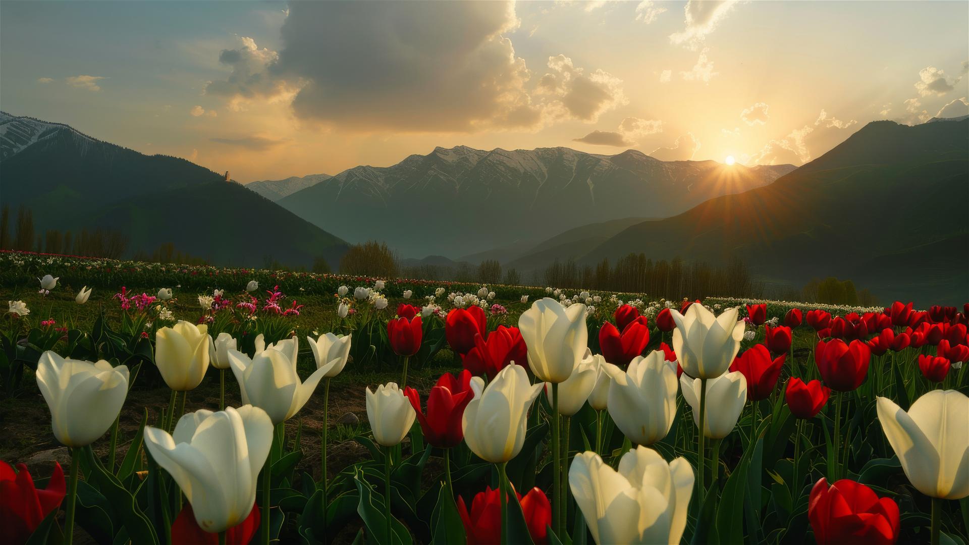 Sunset view of hills with tulips and idol-shaped mountains