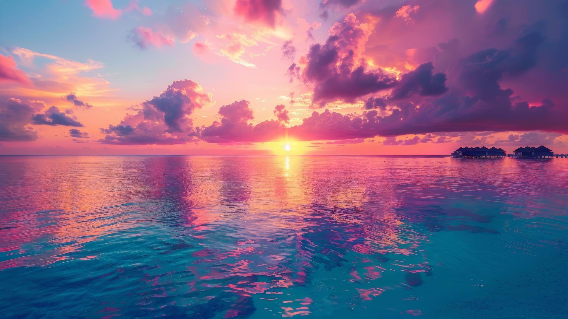 Vibrant sunset with bright colors over Maldives ocean
