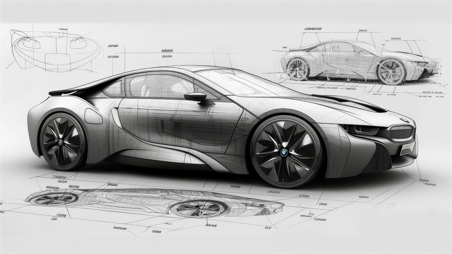 BMW i8 blueprint and front view sketches in black and white.