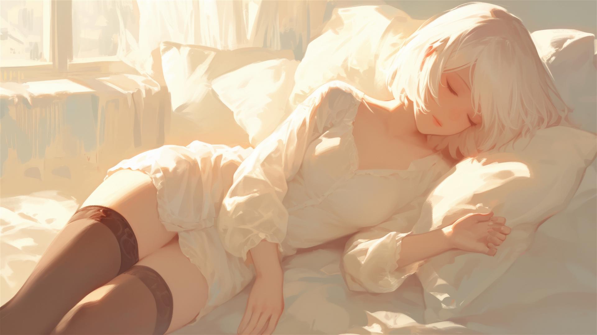 2B from Nier in white silk pajamas resting at sunrise.