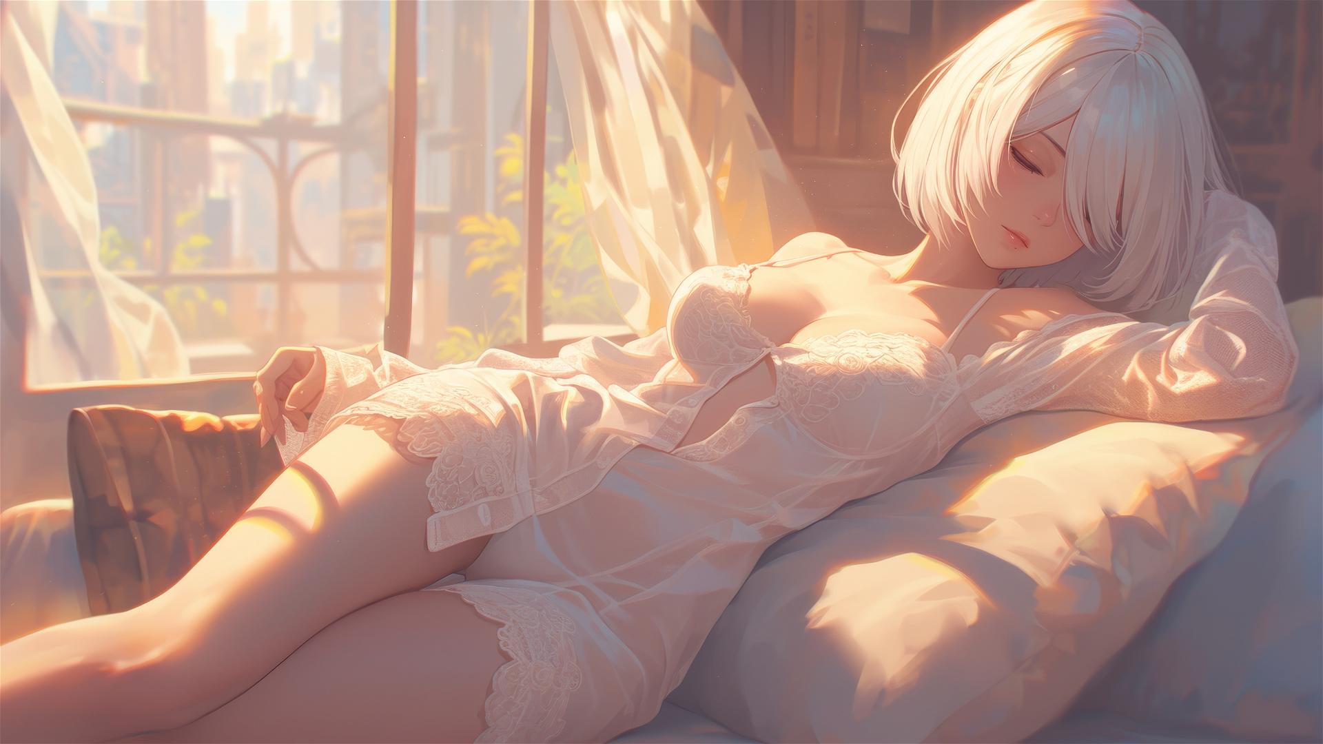 2B from Nier in white silk pajamas resting at sunrise.