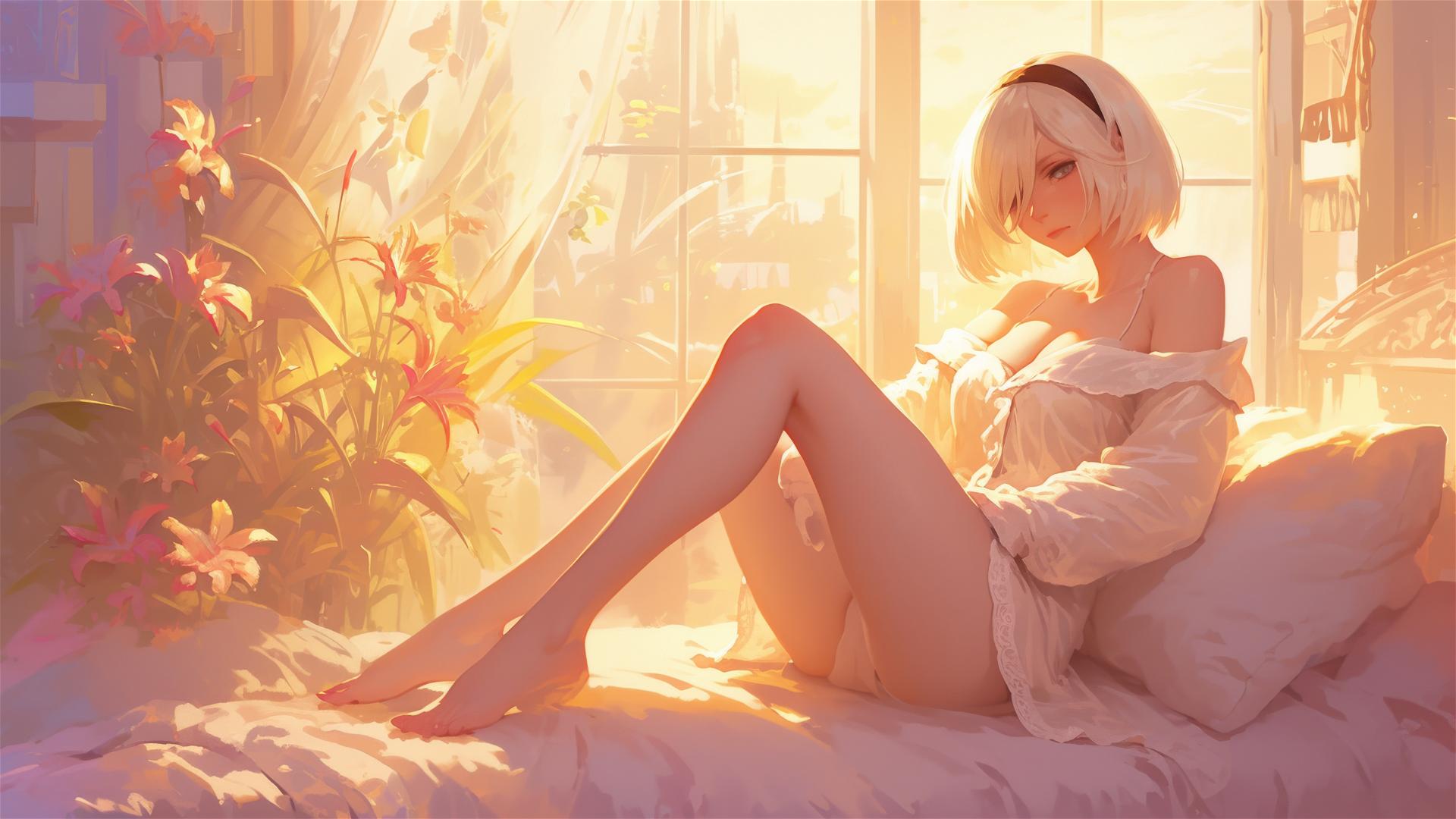 2B from Nier in white silk pajamas resting at sunrise.