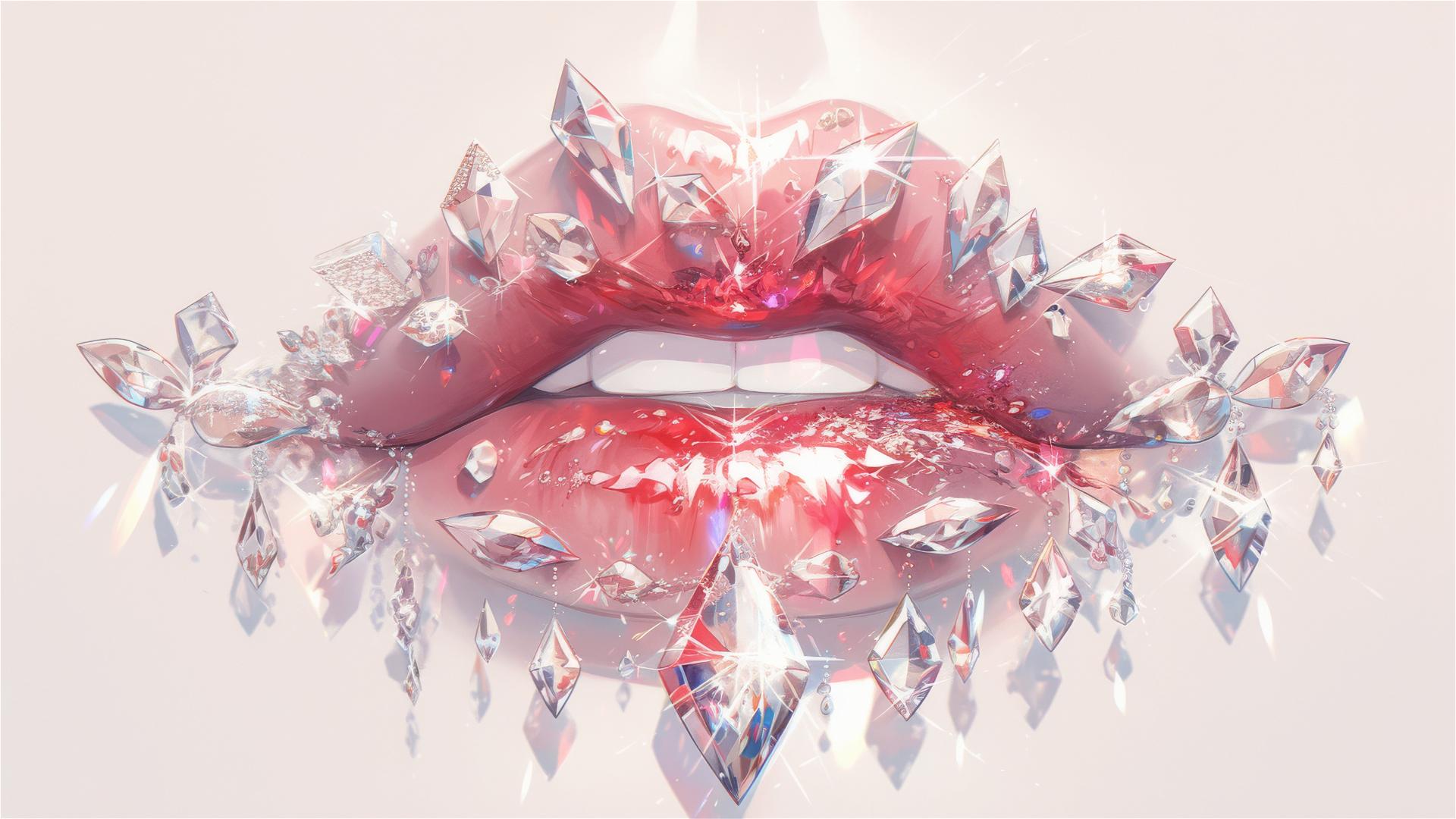 Caucasian woman's lips with pink Swarovski crystals and red drip.