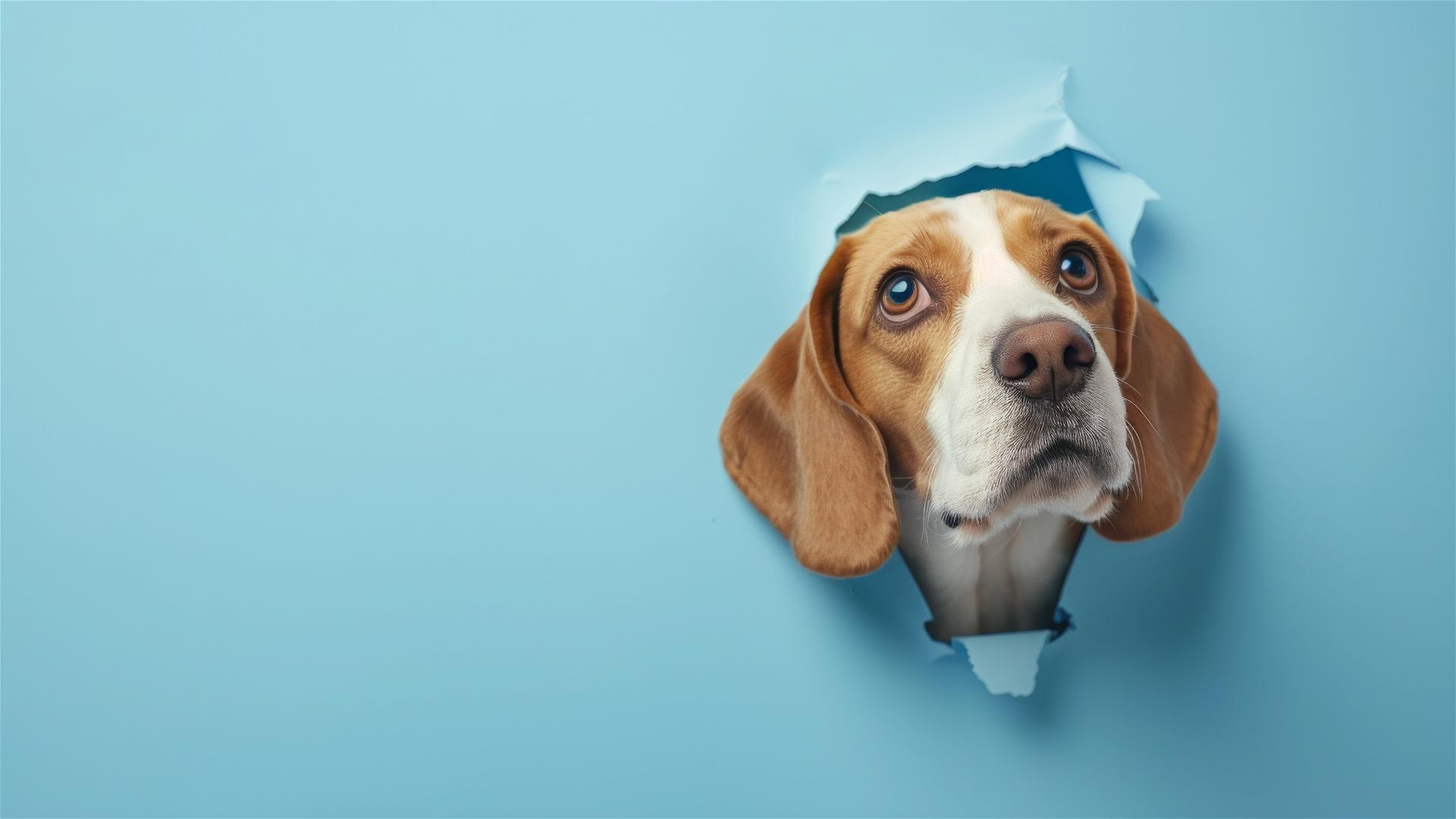 Beagle peeking through a hole in a sky blue paper wall