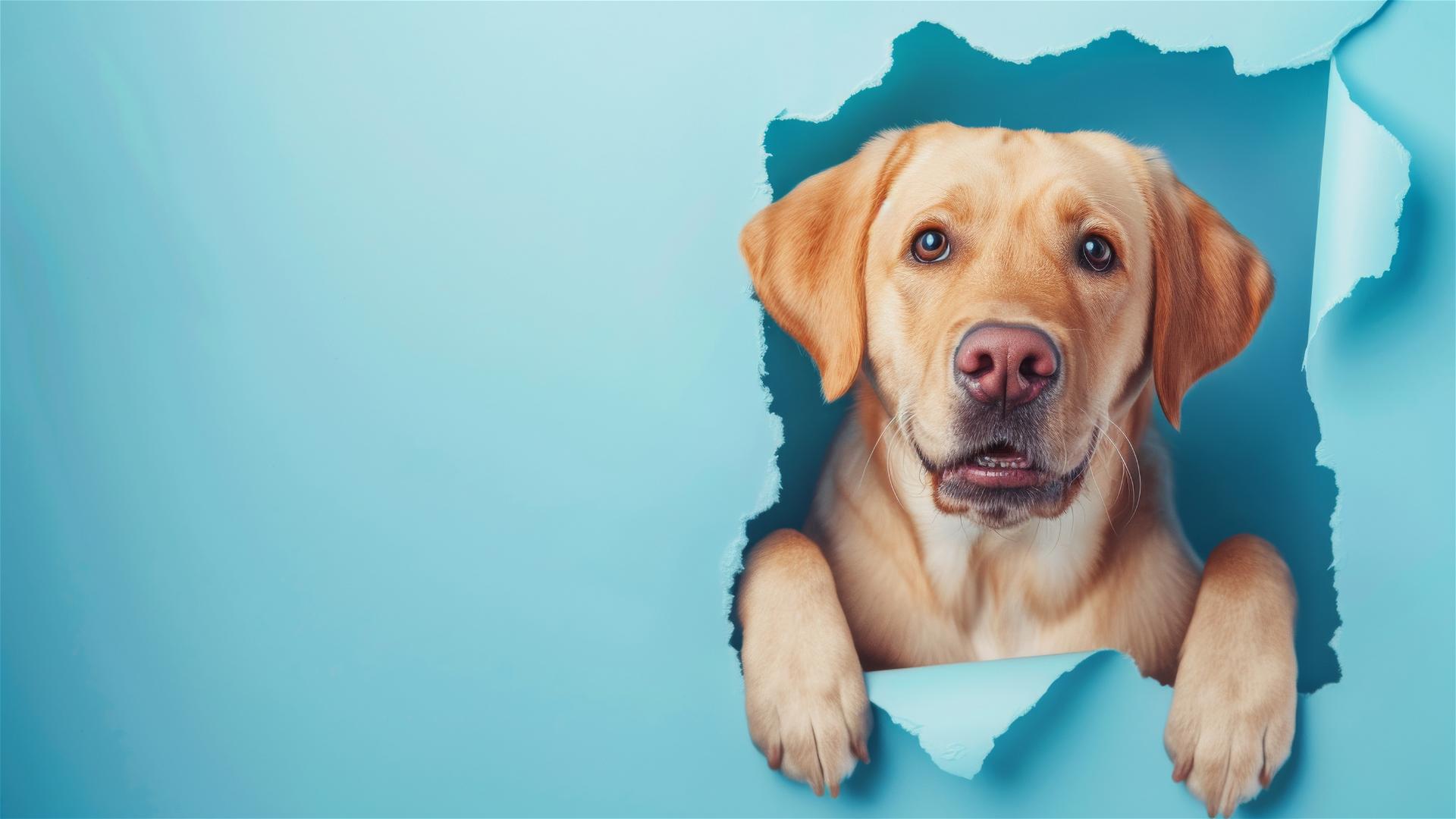 Colorful Labrador Retriever peeking through sky blue paper