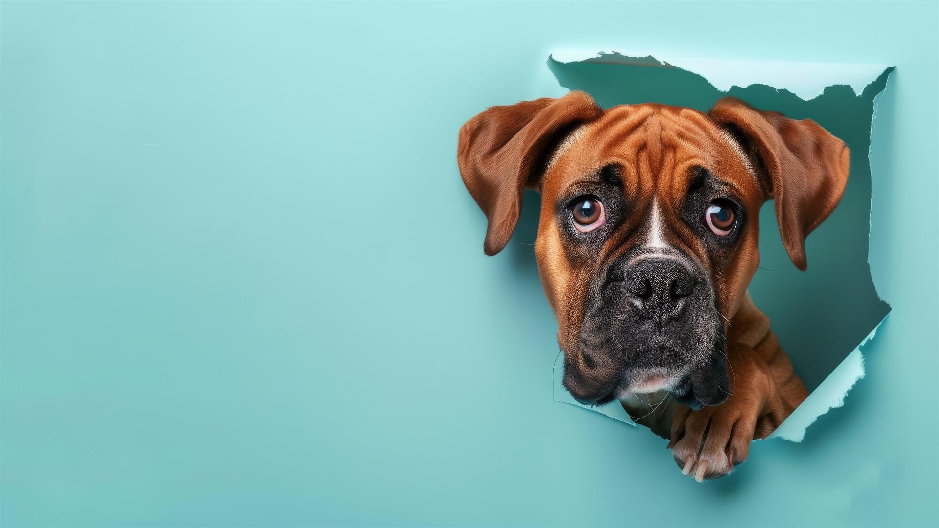 Colorful Boxer dog peeking through hole in sky blue paper