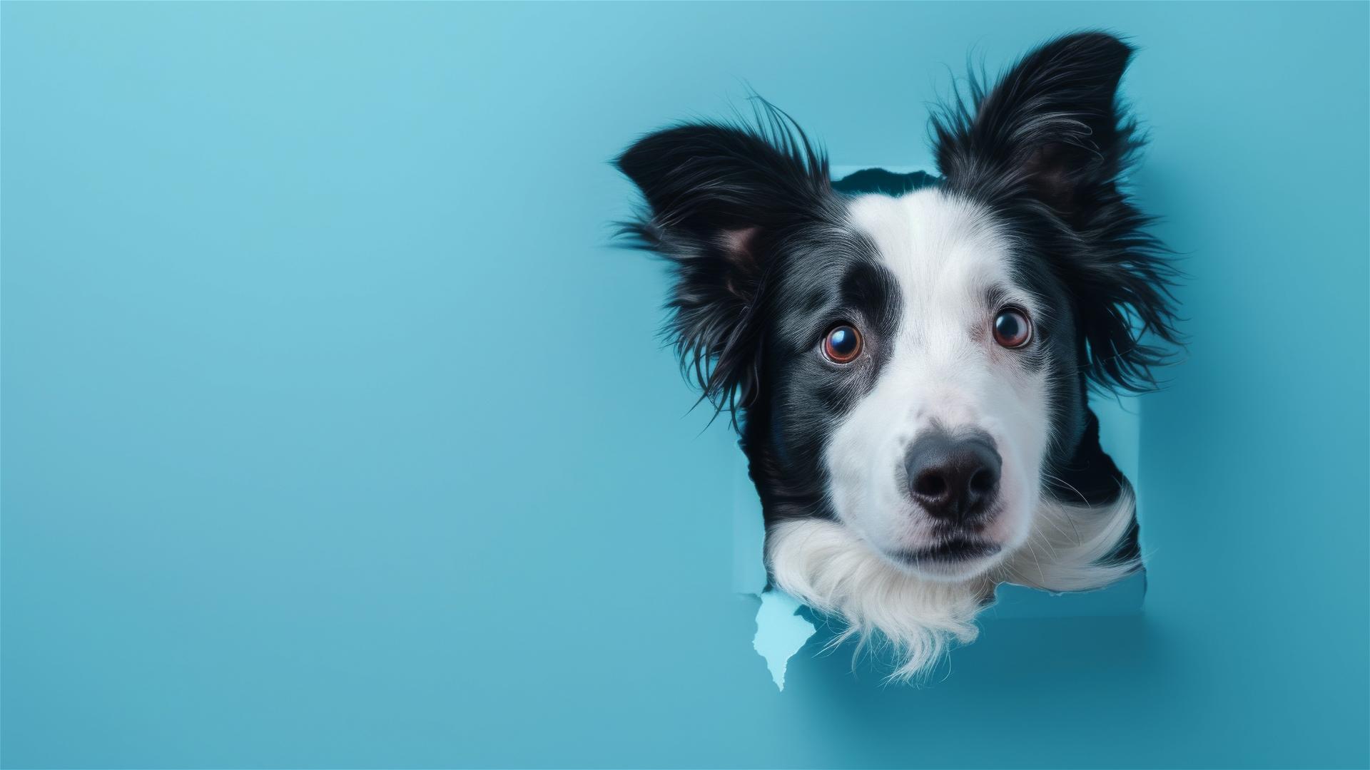 Border Collie peeking through a hole in a sky blue paper wall