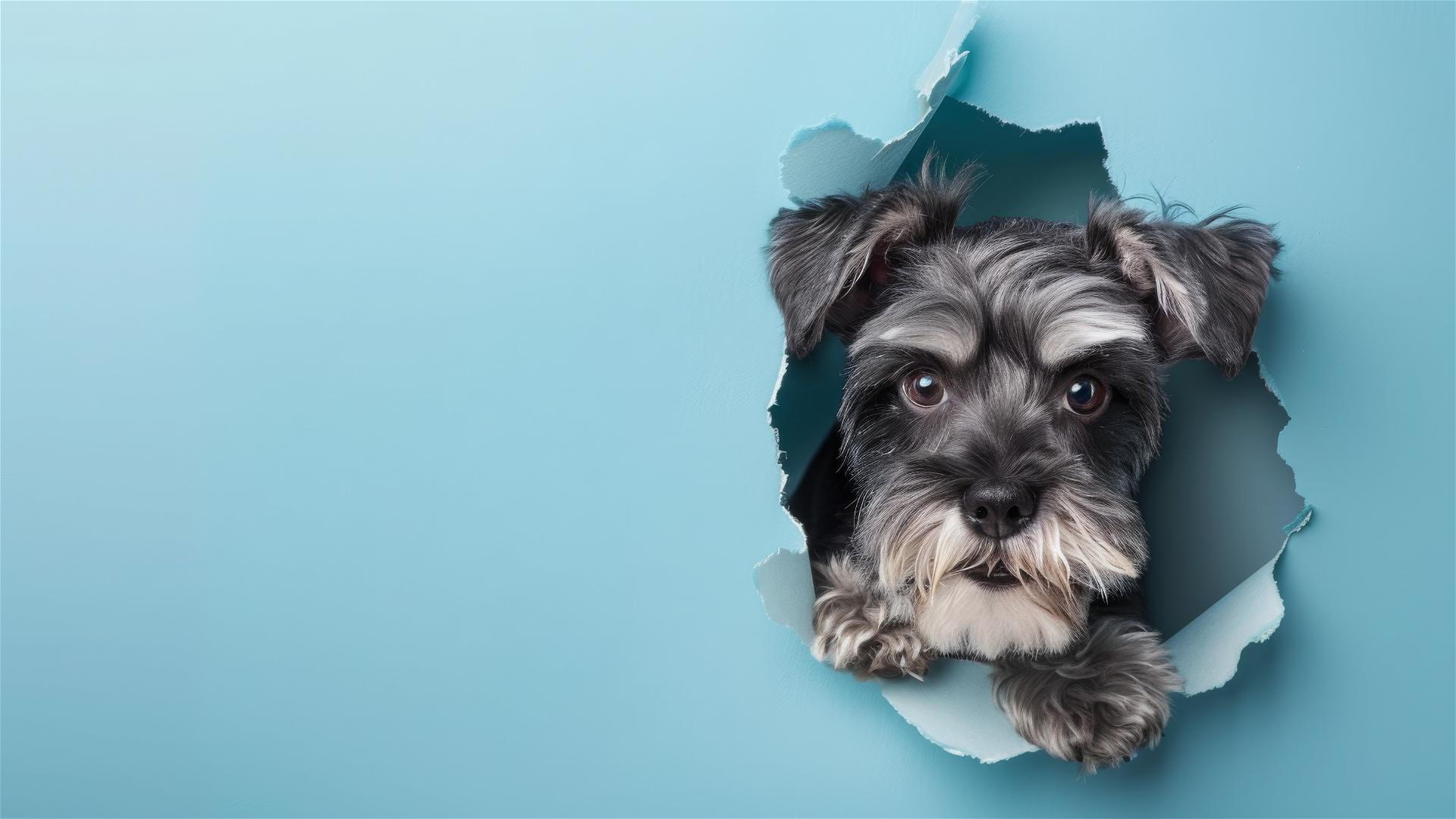 Schnauzer peeking through a hole in a sky blue paper wall