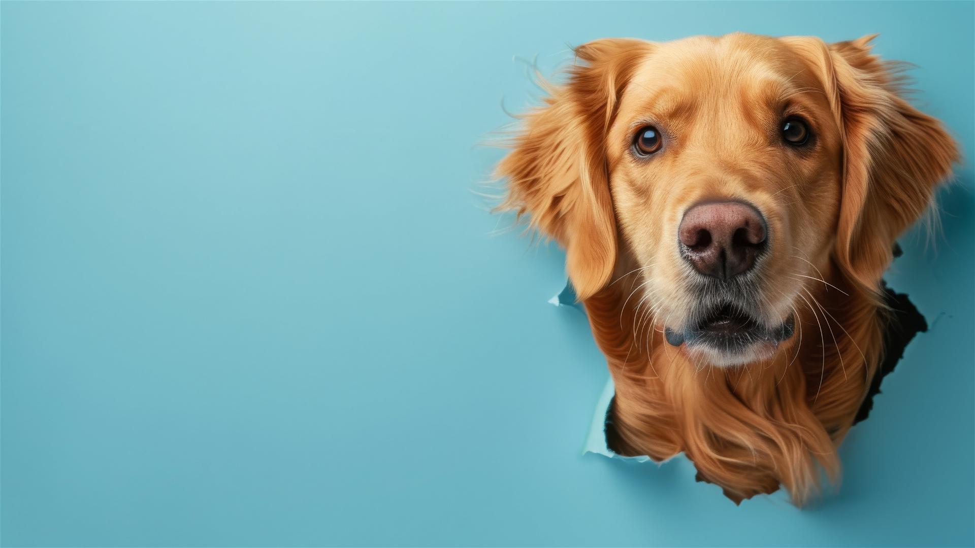 Golden Retriever peeking through a sky blue wall