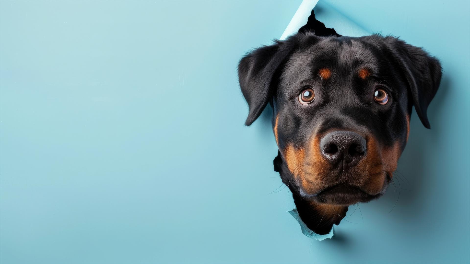 Rottweiler peeking through hole in sky blue wall