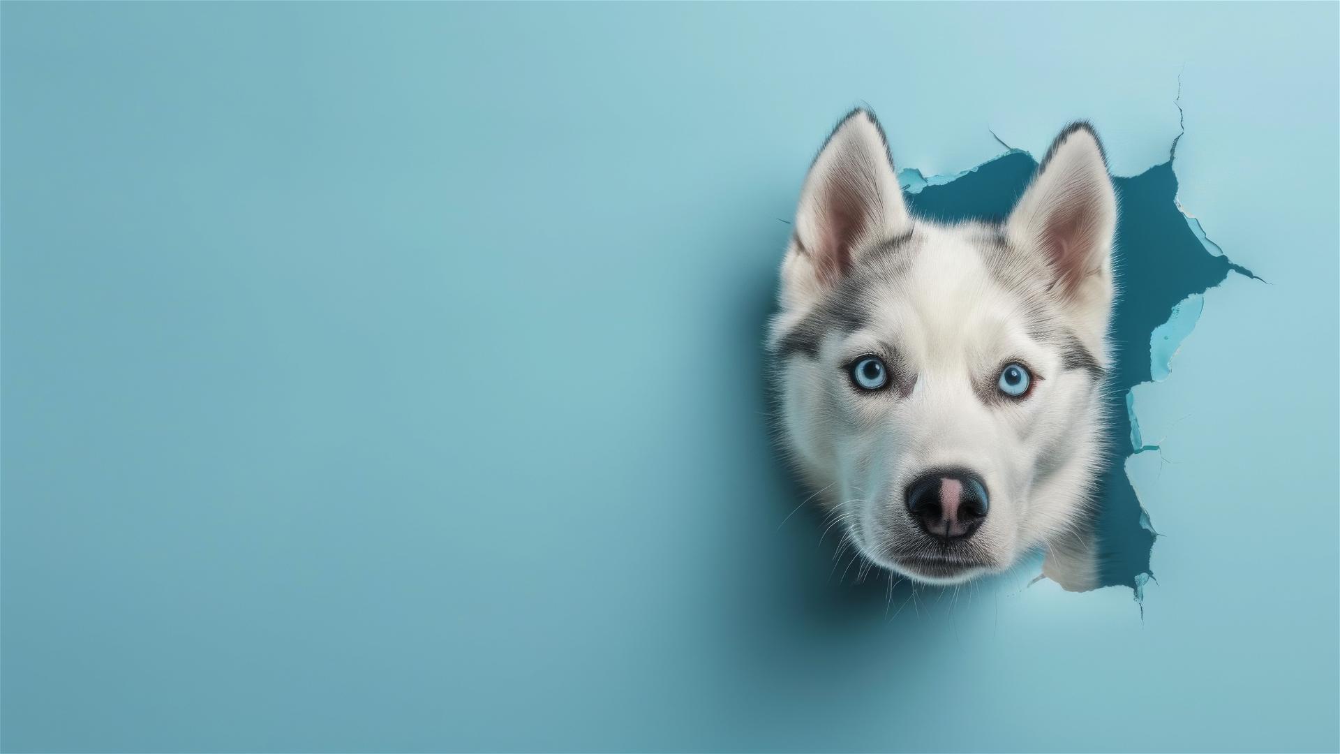 Siberian Husky peeking through hole in sky blue wall