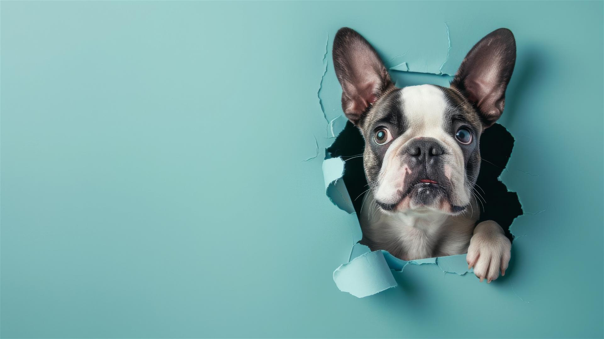 Boston Terrier peeking through hole in sky blue paper