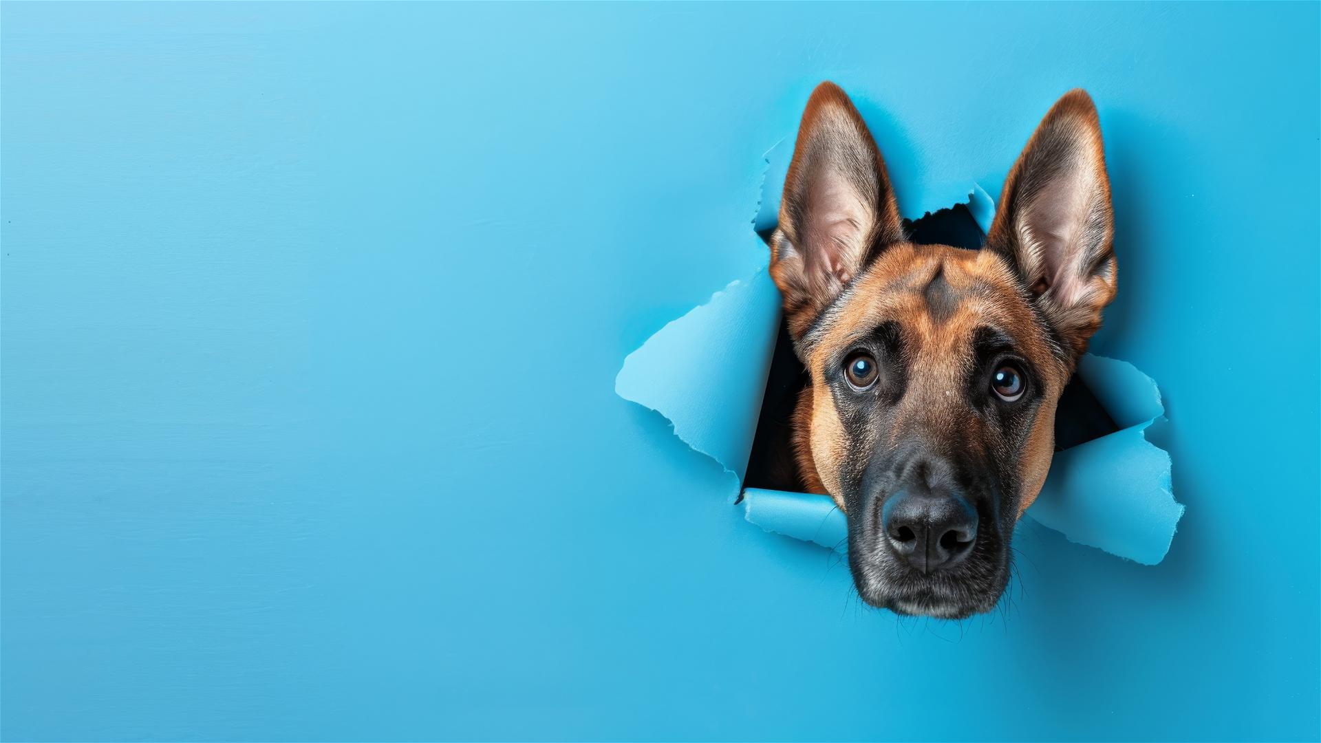 Belgian Malinois peeking through hole in sky blue paper