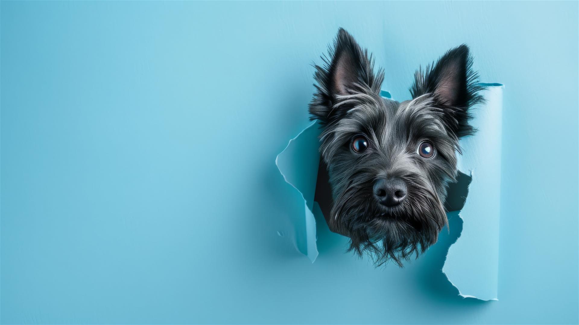 Scottish Terrier peeking through sky blue paper wall