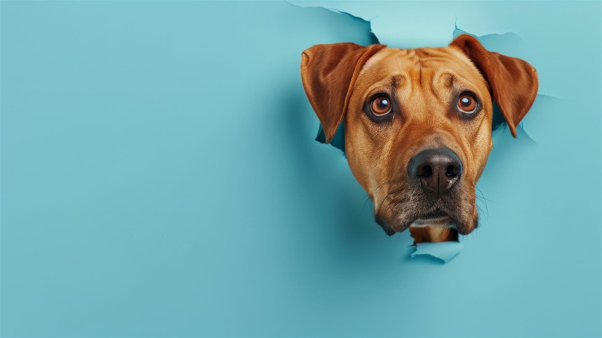 Rhodesian Ridgeback peeking through a hole in a sky blue paper wall