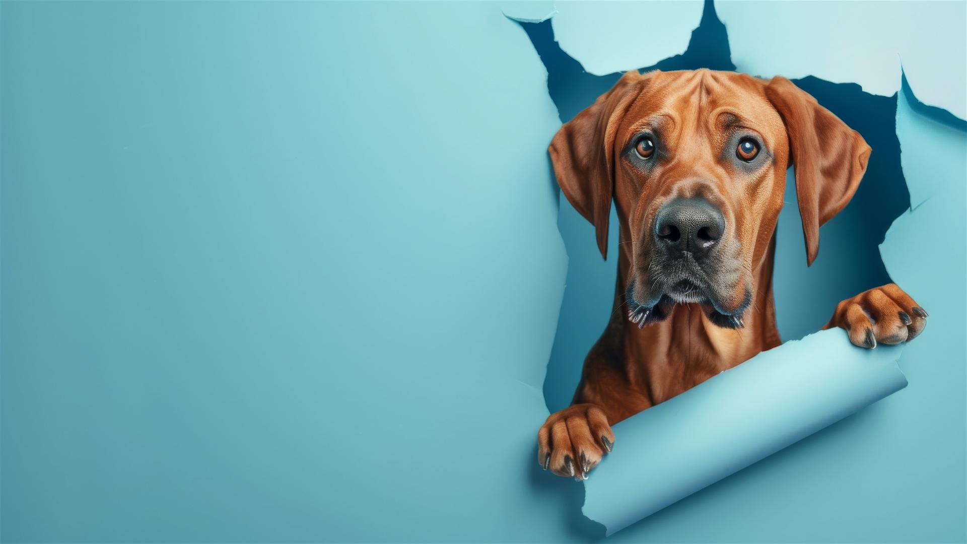 Rhodesian Ridgeback peeking through hole in sky blue wall