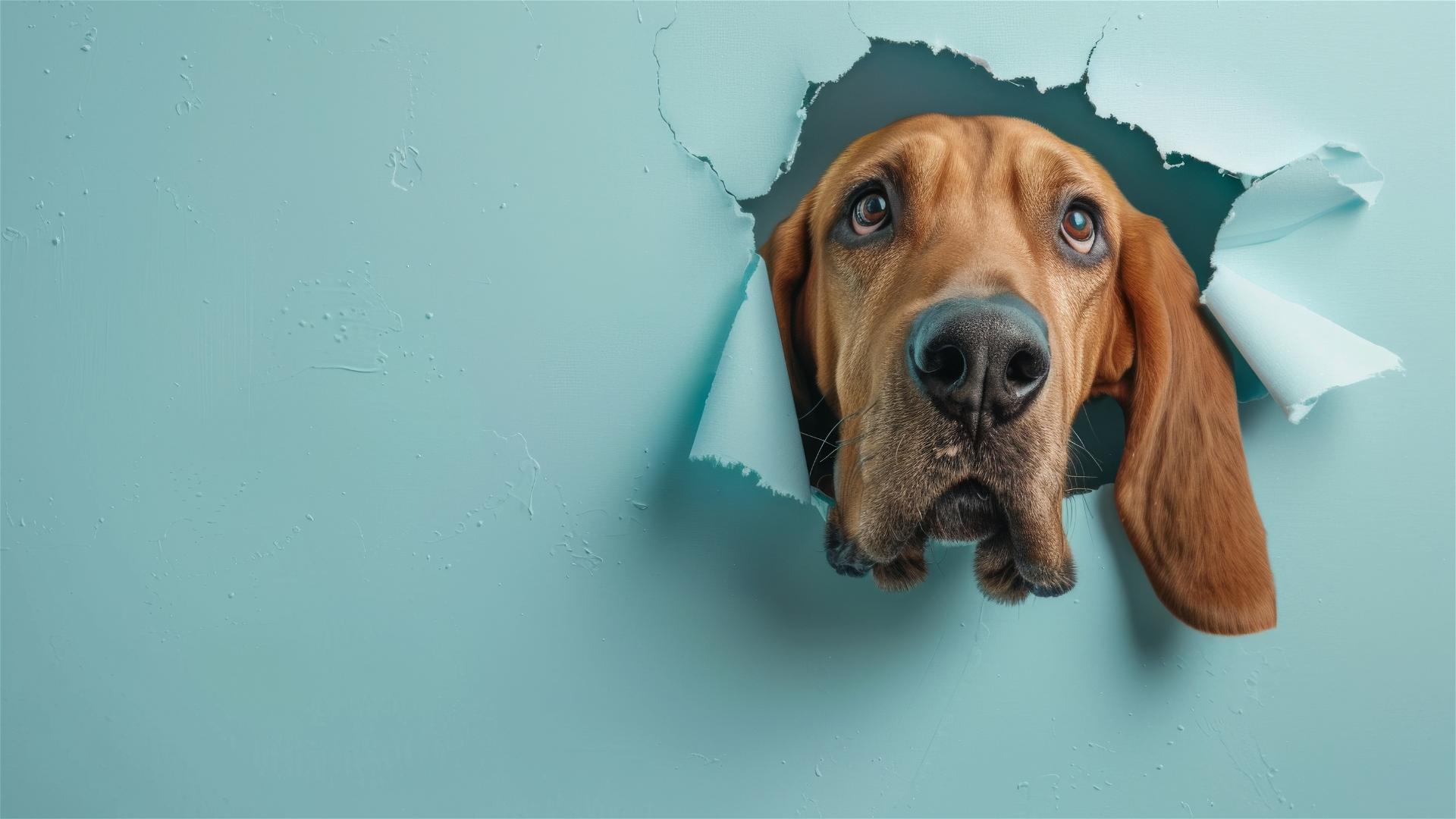 Bloodhound peeking through hole in sky blue paper wall