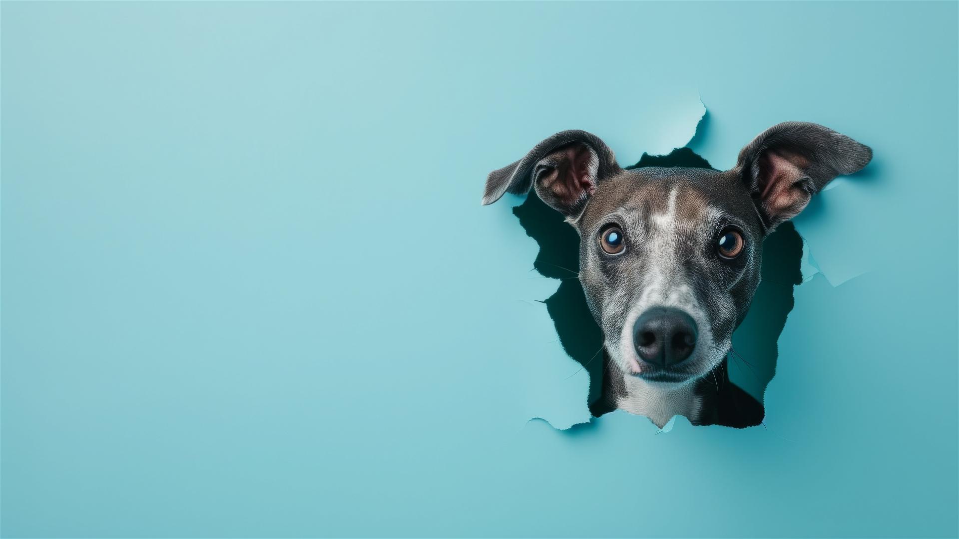 Greyhound peeking through a hole in a sky blue wall