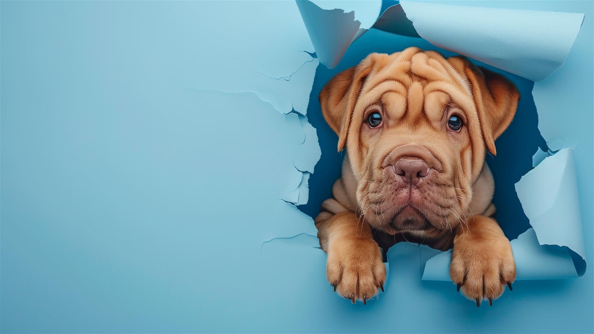 Shar Pei peeking through hole in sky blue paper