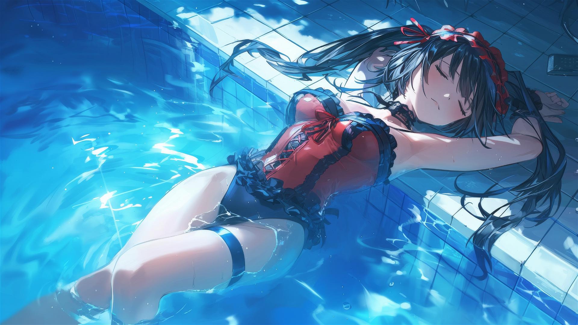 Kurumi Tokisaki swimming in moonlit pool