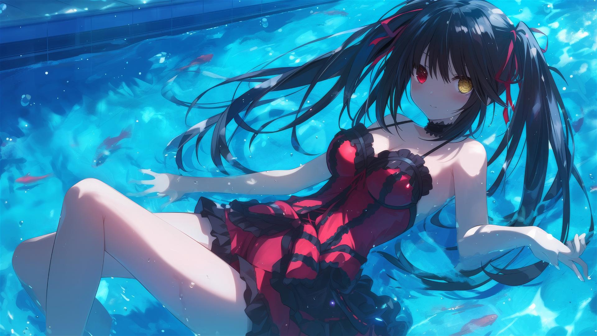 Kurumi Tokisaki swimming under moonlight