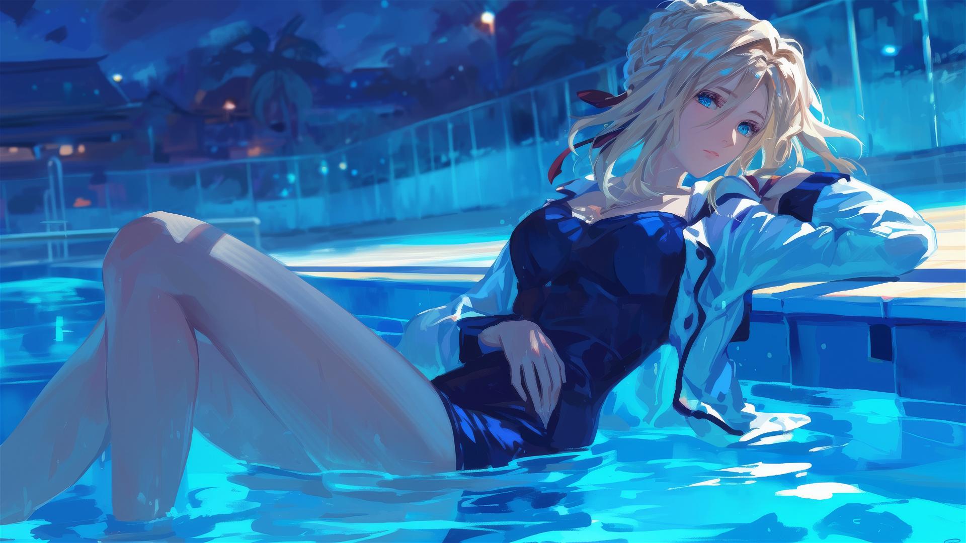 Violet Evergarden resting by pool under moonlight