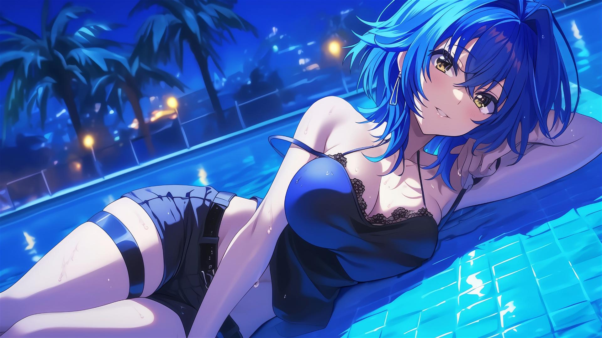 Xenovia from High School DxD swimming in moonlit pool