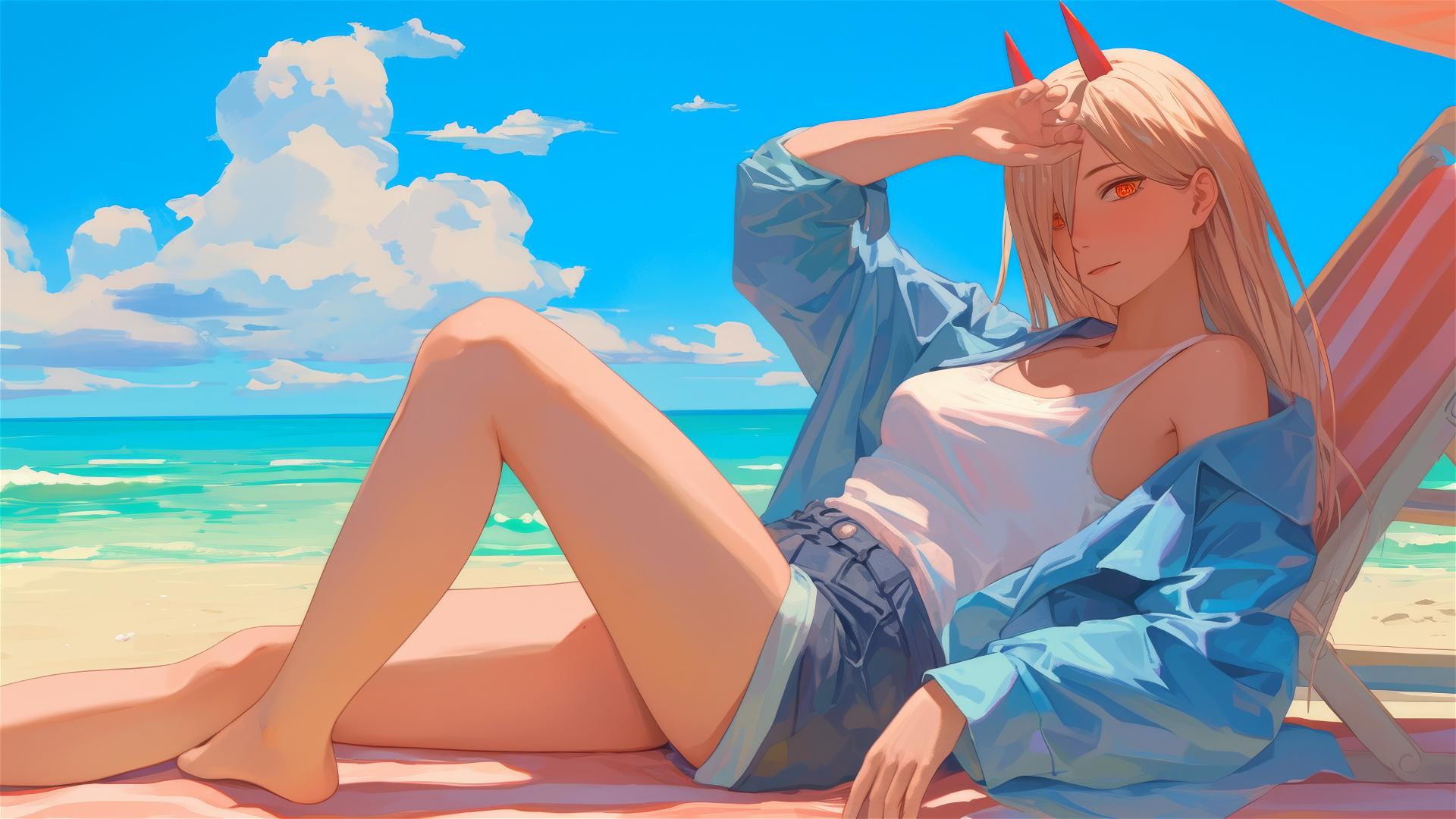 Power from Chainsaw Man sunbathing on the beach