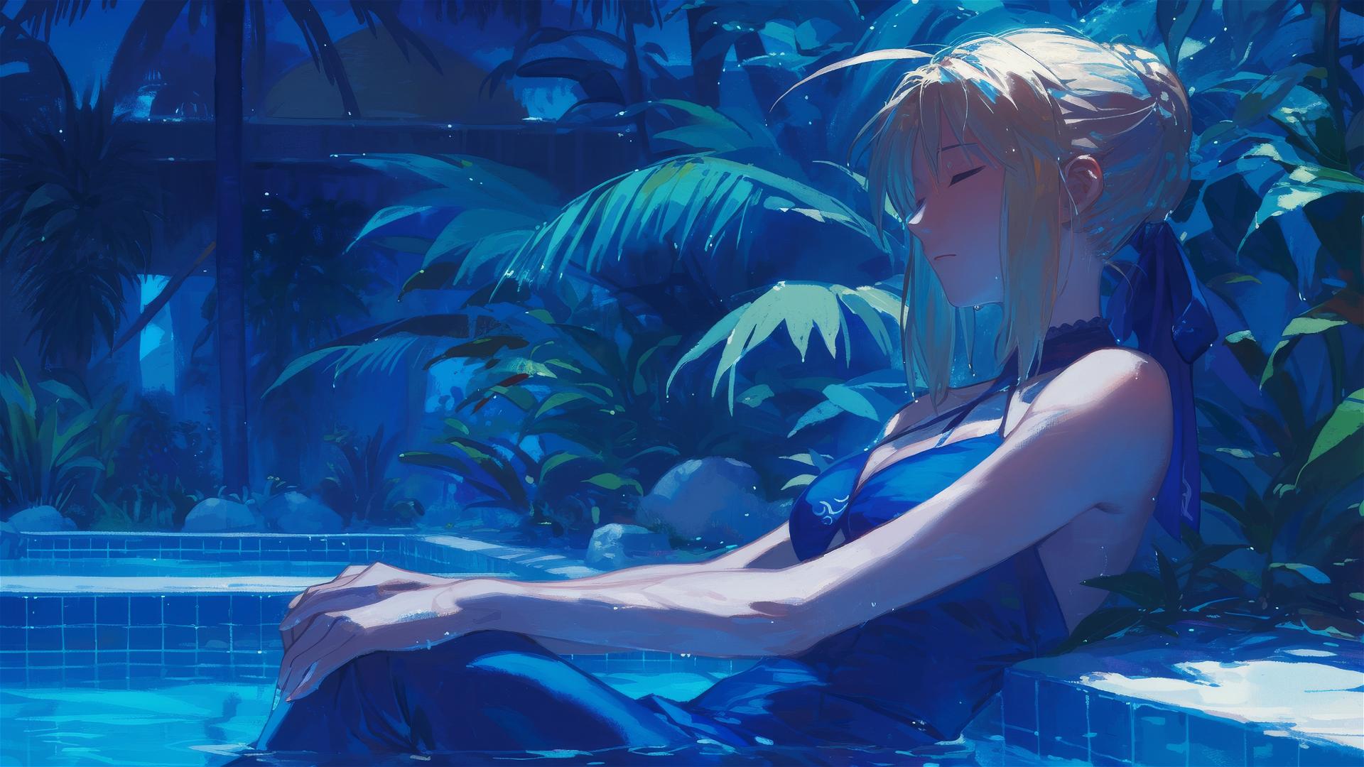 Saber from Fate/Zero resting by a pool under moonlight