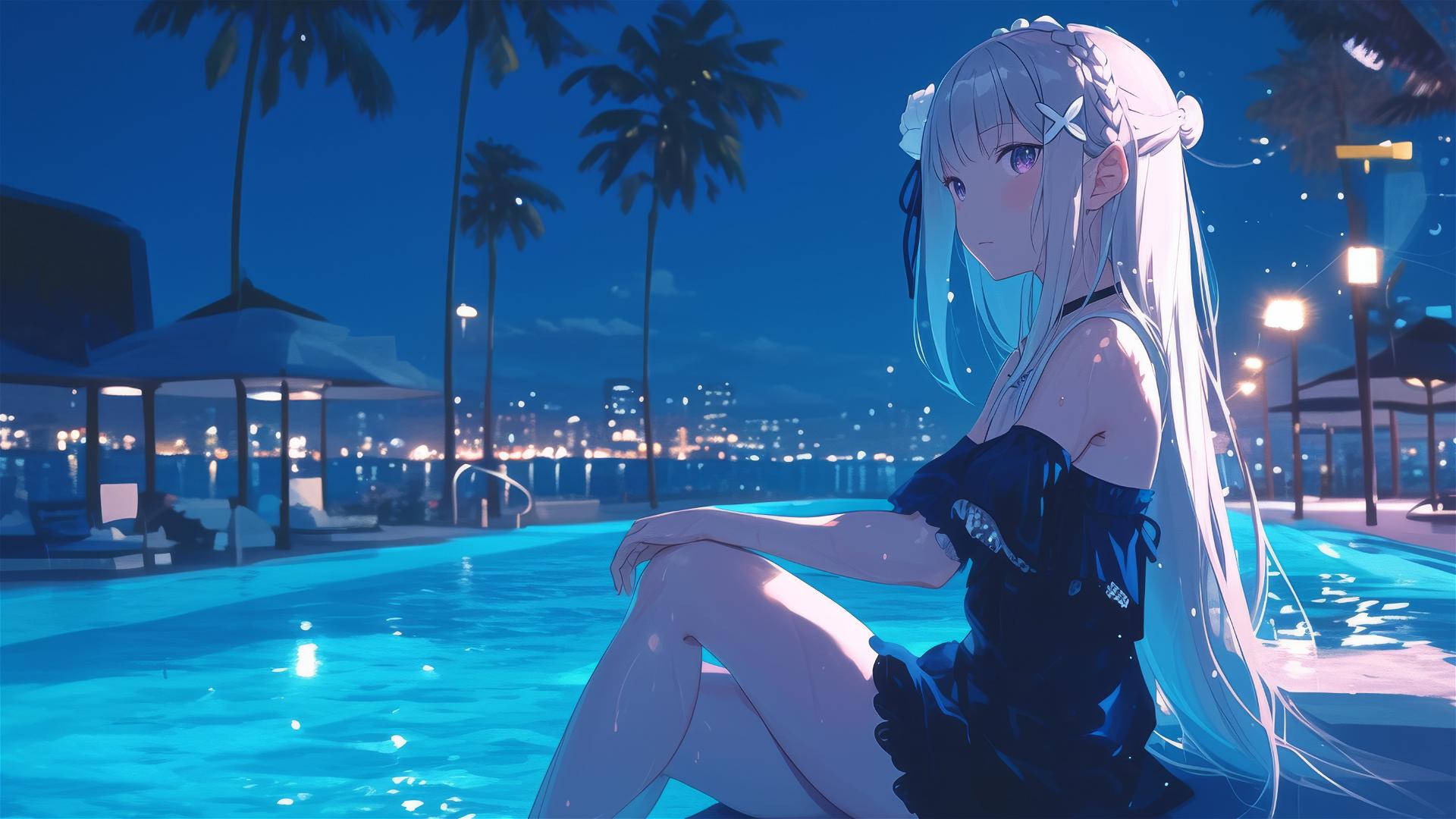 Emilia from Re:Zero relaxing by pool under moonlight