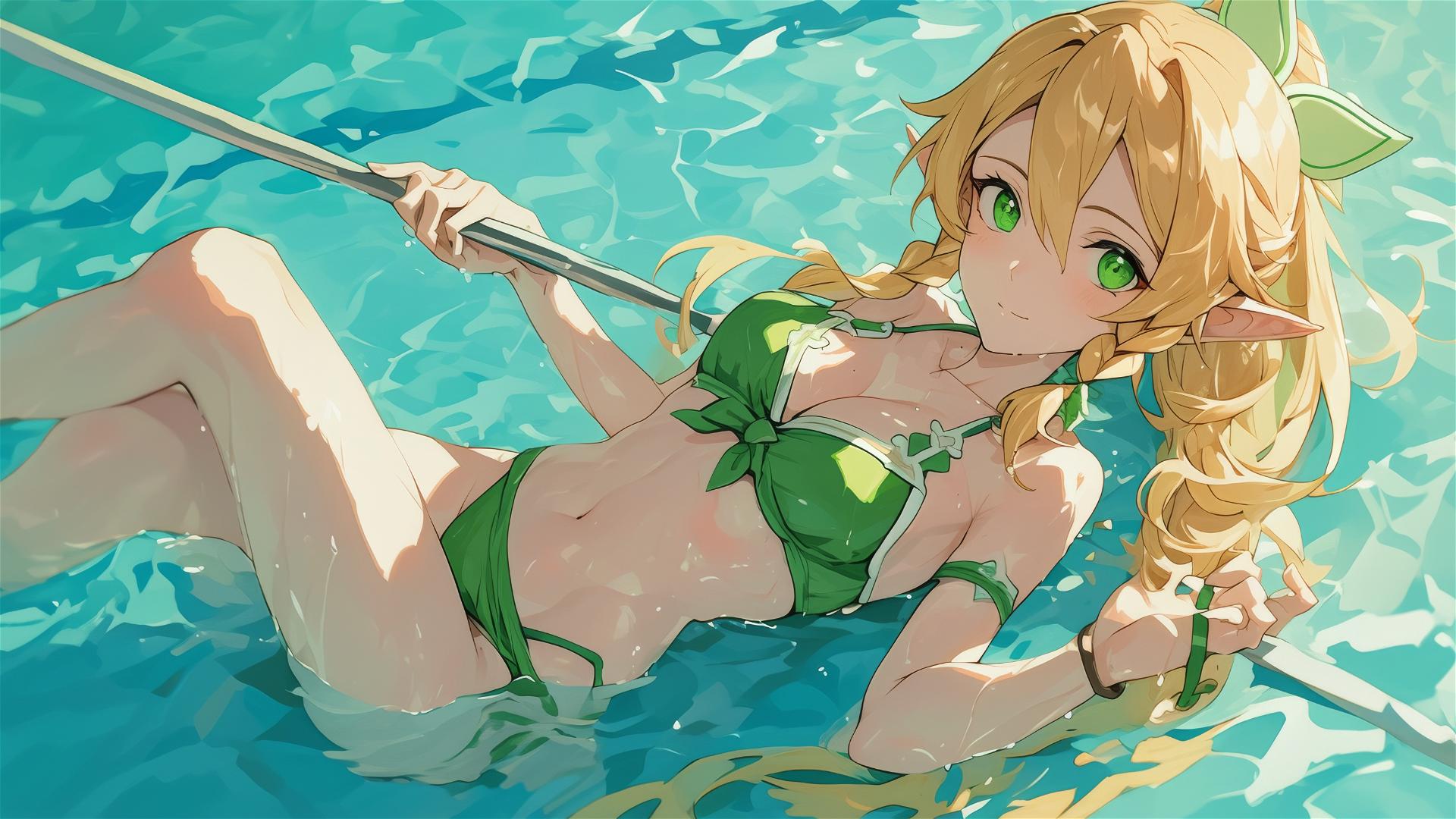 Leafa from Sword Art Online swimming in a pool under moonlight