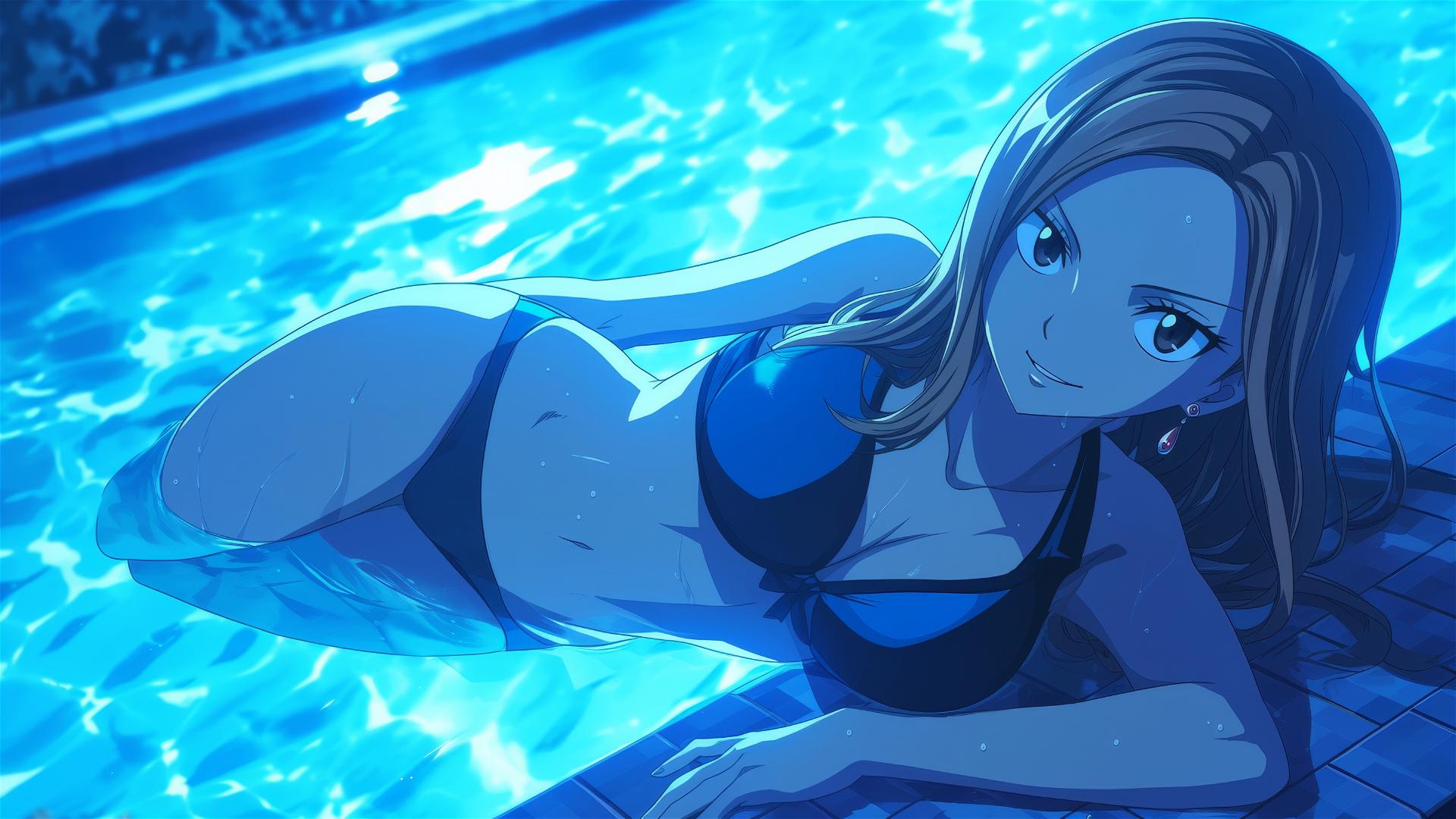 Cana Alberona from Fairy Tail swimming in a pool under moonlight