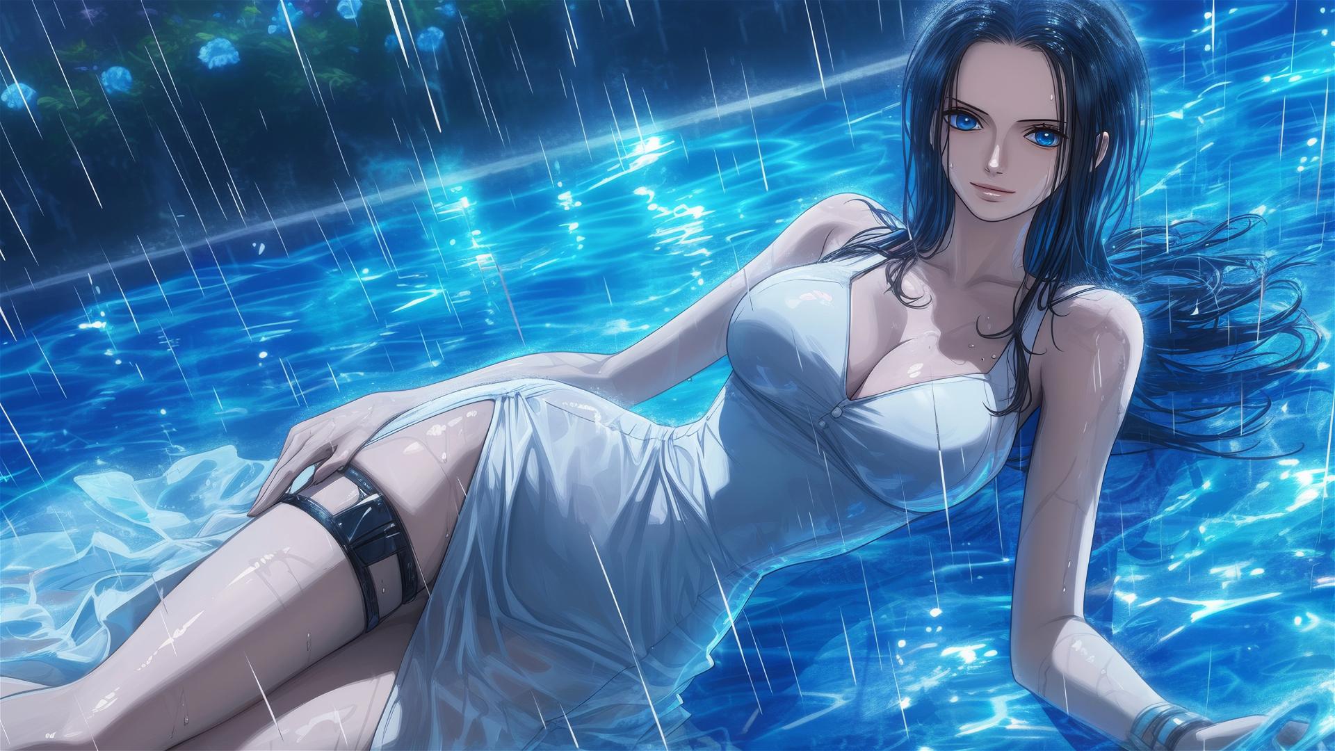 Nico Robin from One Piece swimming in a rainy pool with moon glow