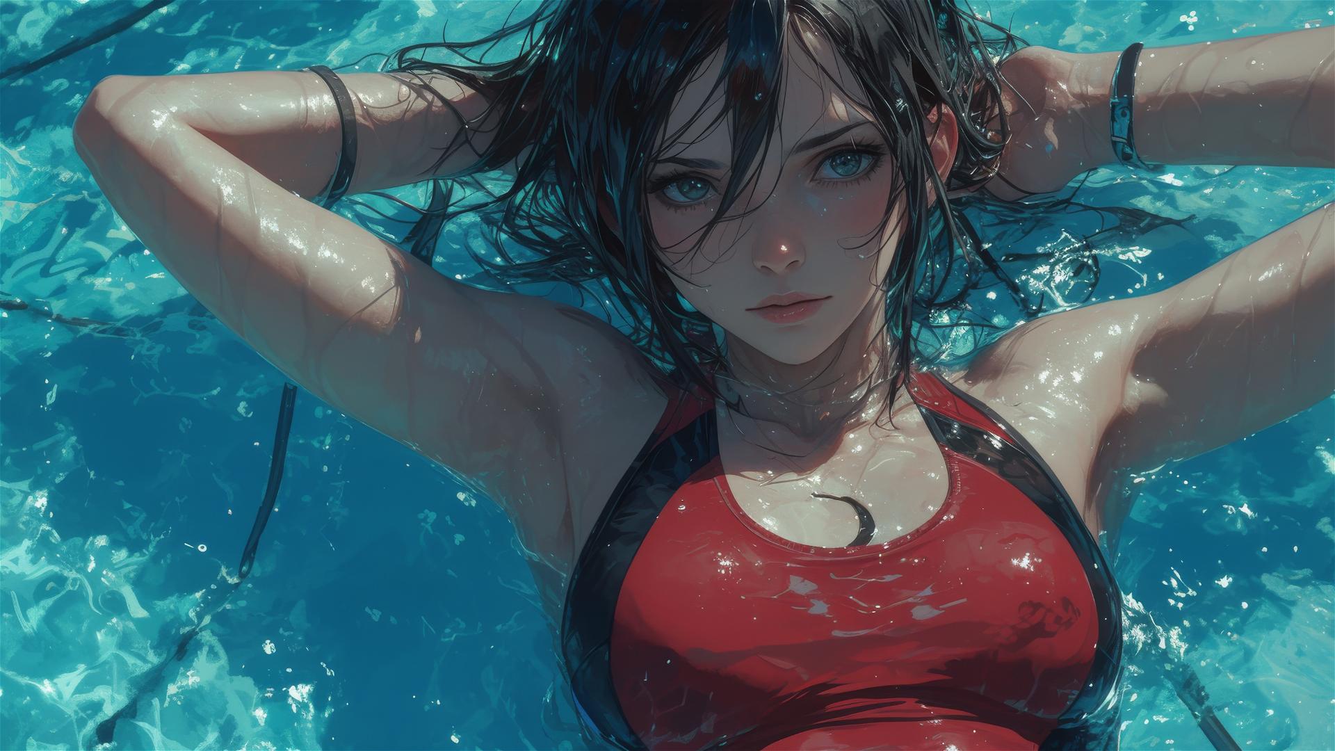 Mikasa Ackerman swimming in moonlit pool