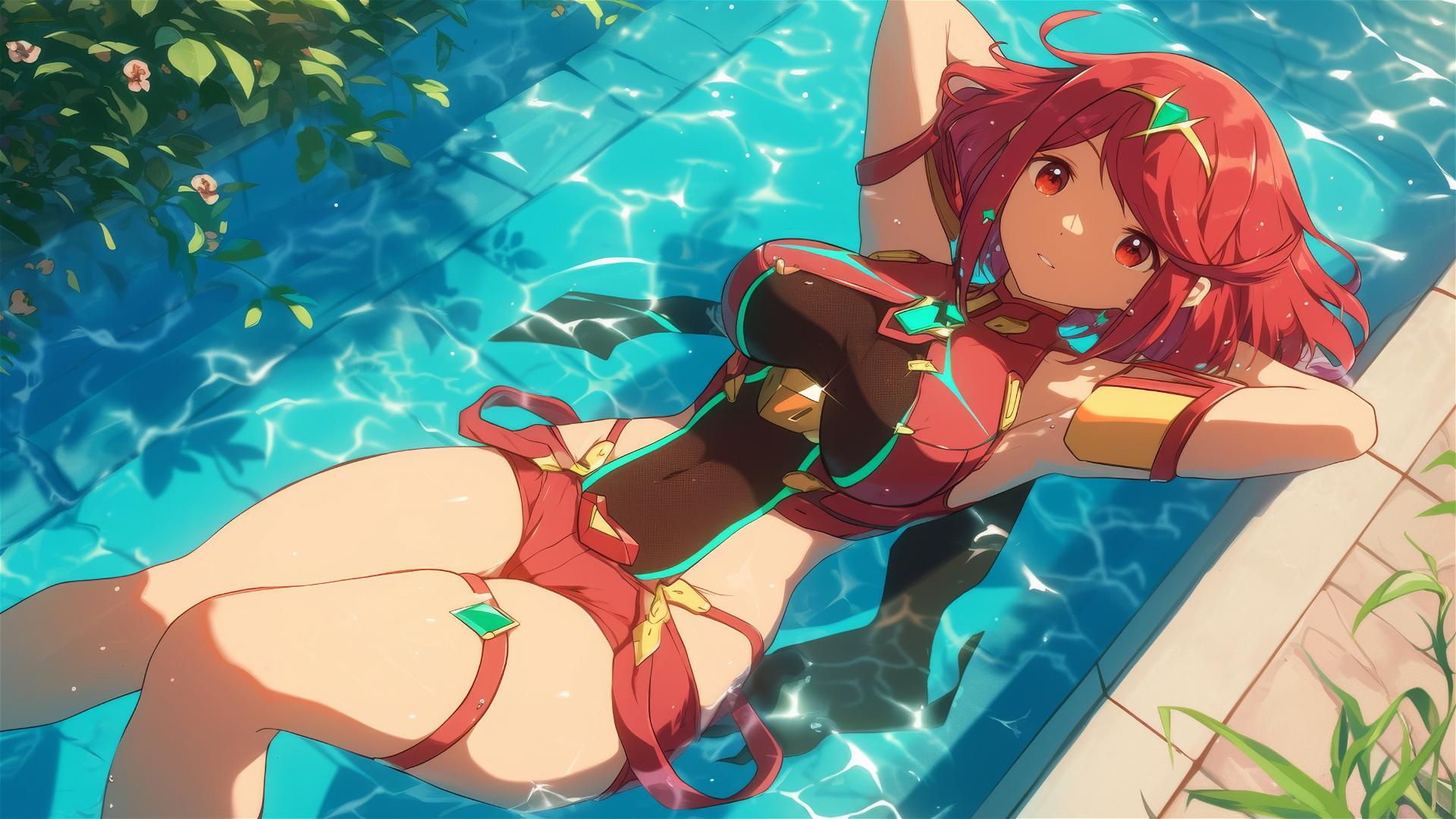 Pyra from Xenoblade Chronicles resting by the pool under moonlight