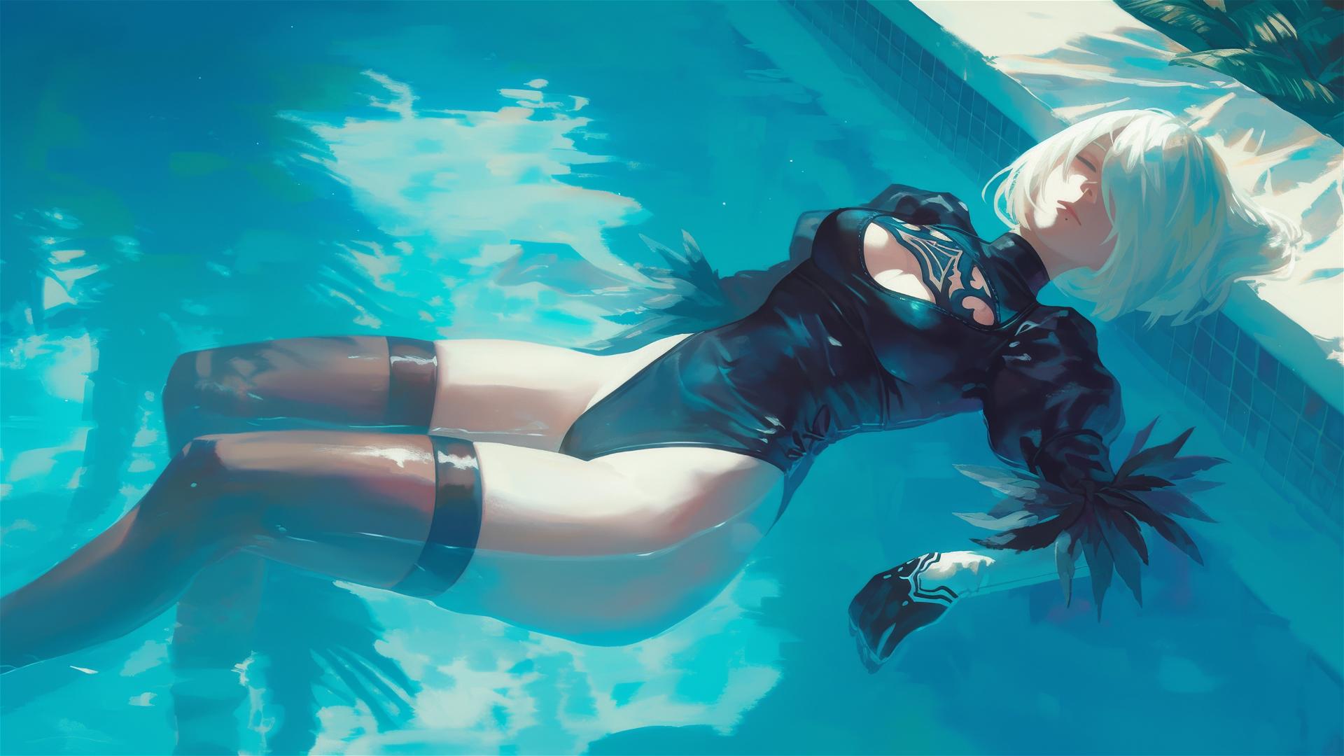 2B from Nier resting by a pool under moonlight