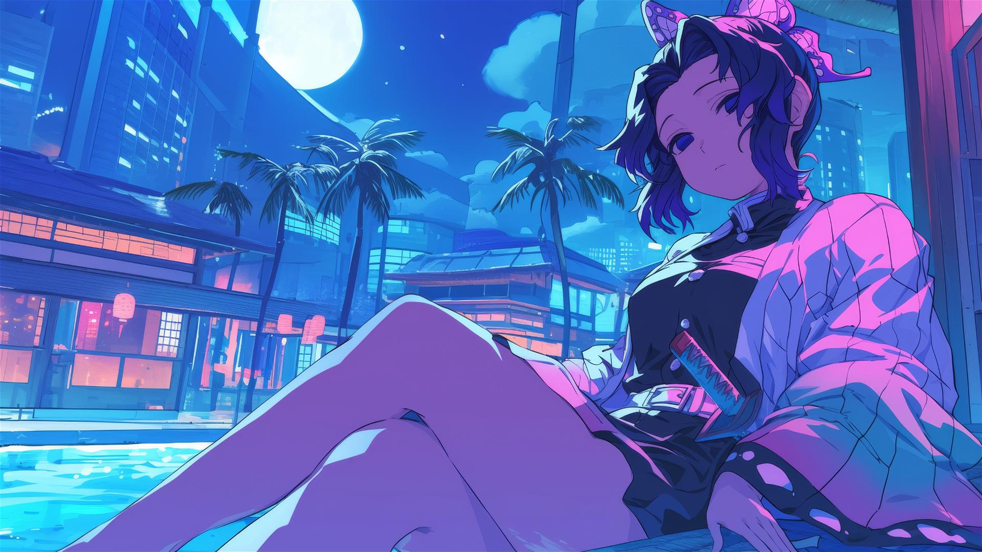 Shinobu Kocho from Demon Slayer resting by the pool under moonlight