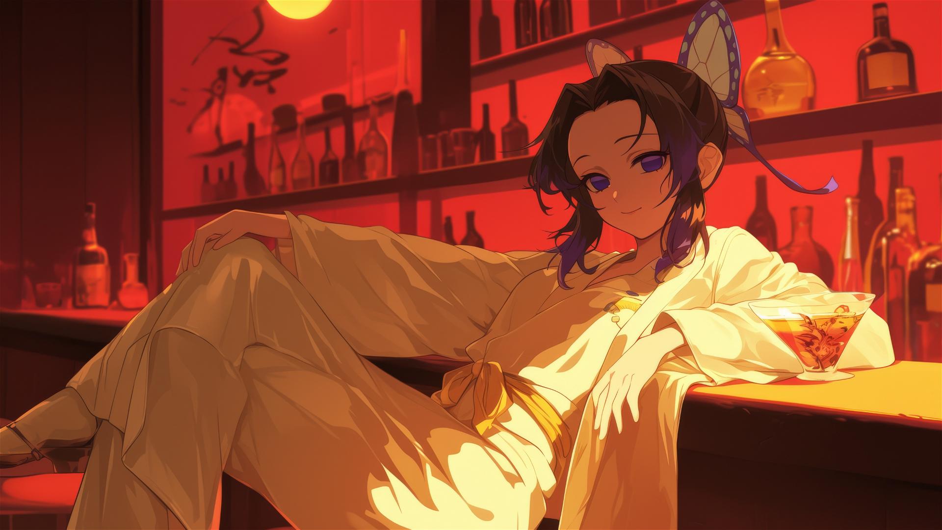 Shinobu Kocho in white silk pajamas at a dim bar with soft morning light