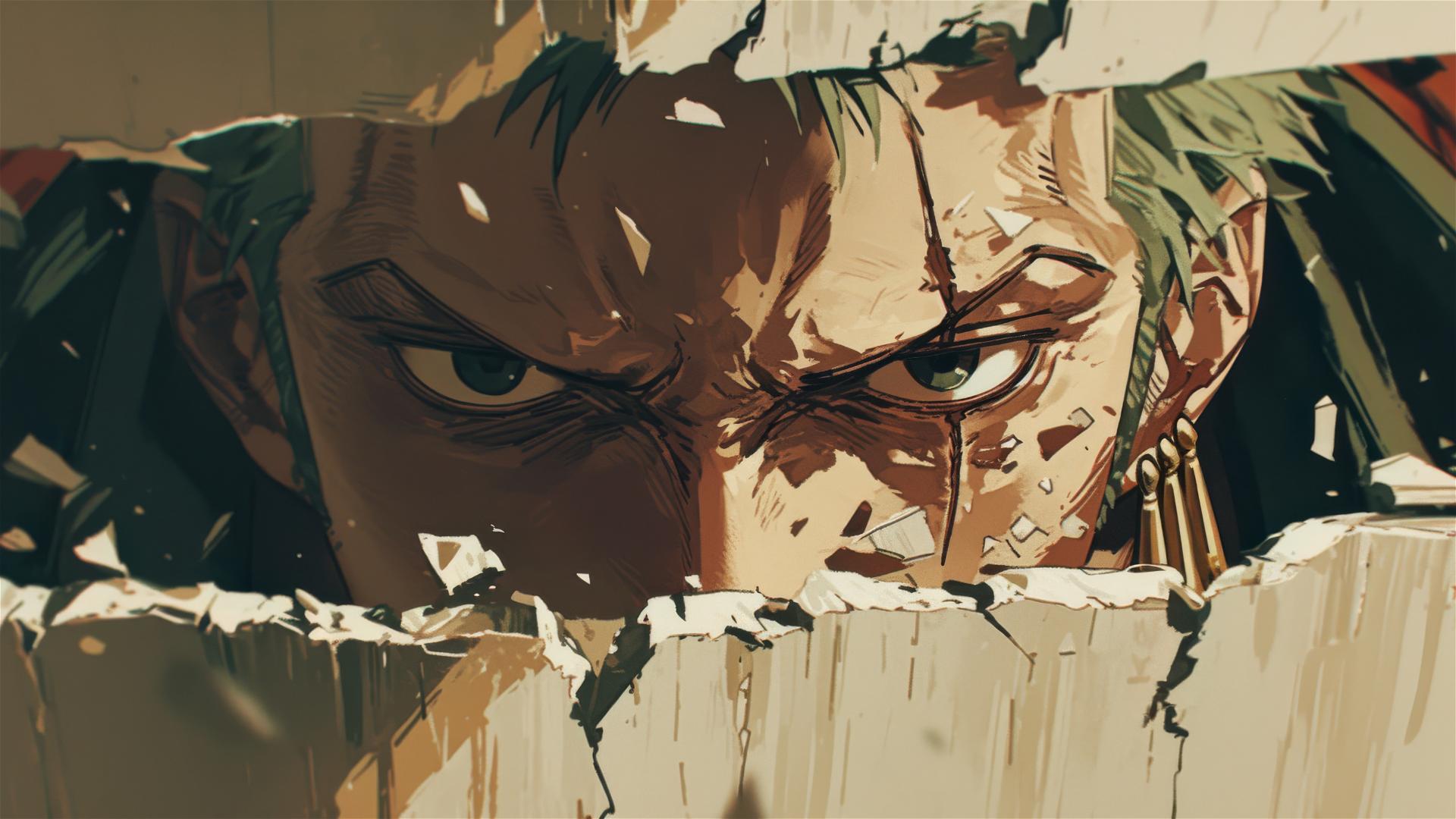 Roronoa Zoro's eyes peeking through crack in old door