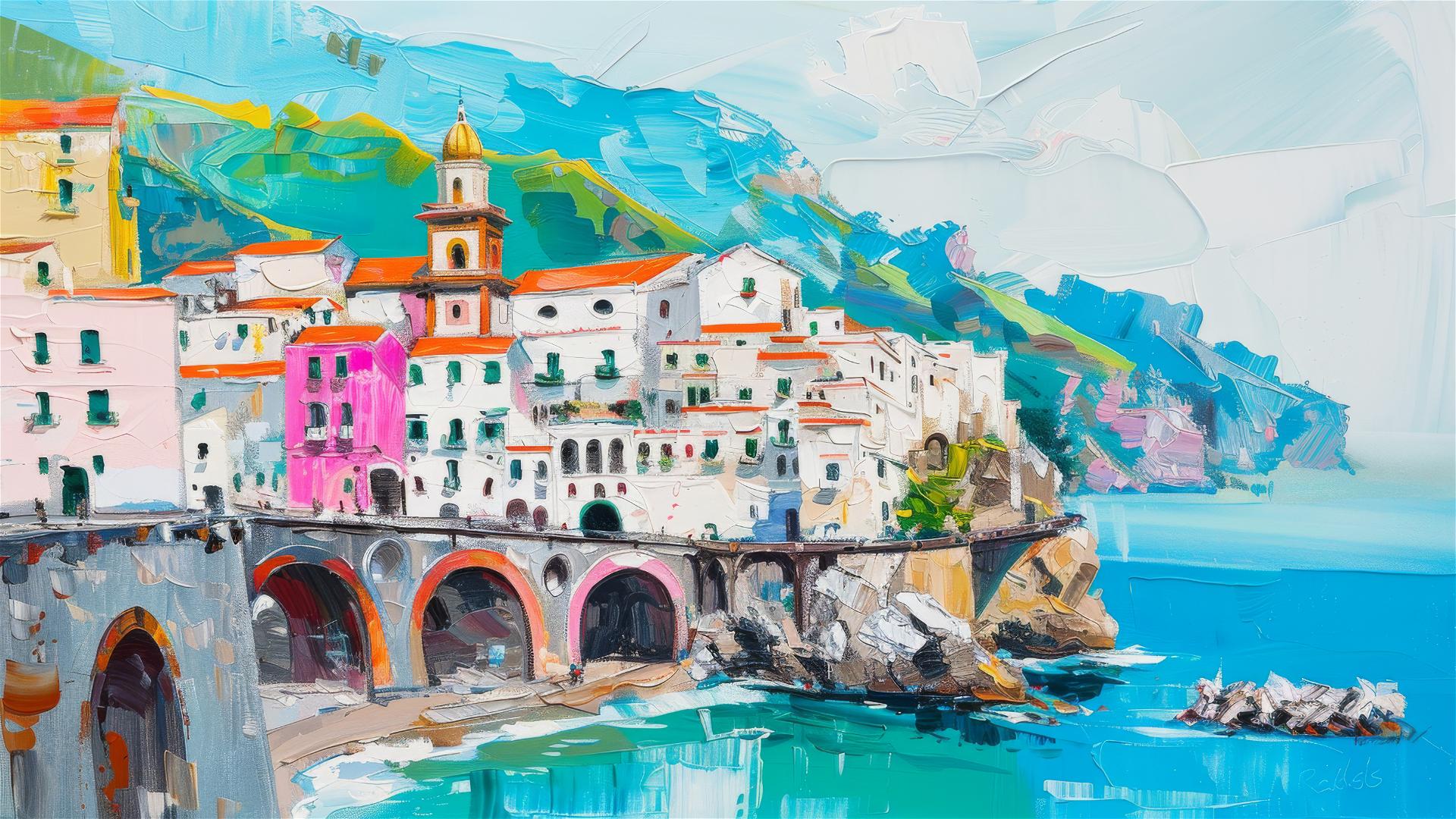 Abstract oil painting of Amalfi Coast with neon splashes and gold accents