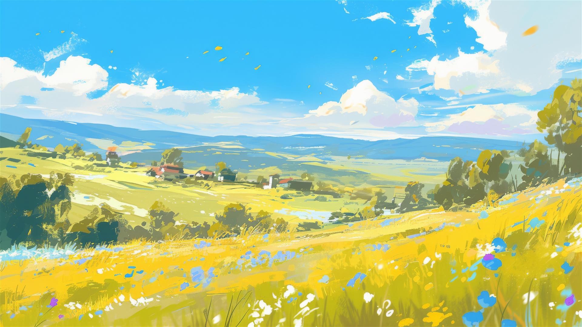 Gentle hills with wildflowers and peaceful rural landscape under a soft sky