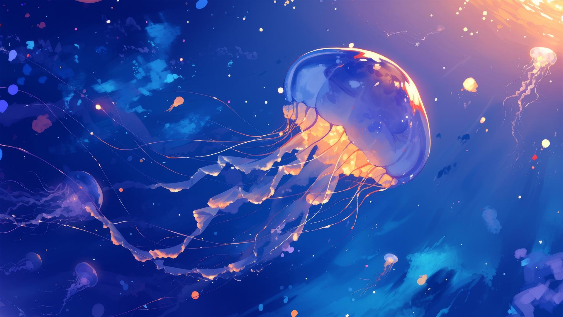 Luminous jellyfish in deep ocean with dreamy blues and purples